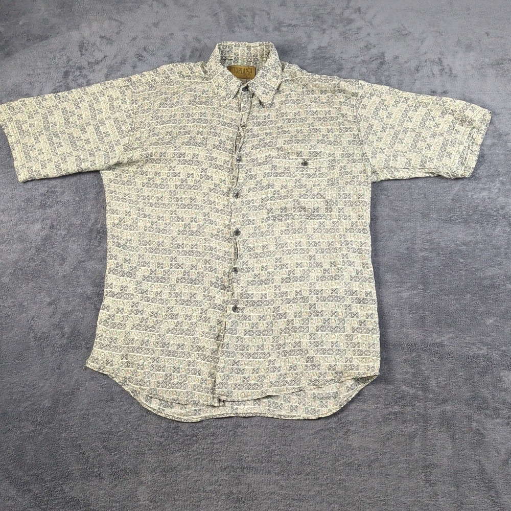 UTOPIA Vintage Mens XL 100% Silk Ultralightweight Short Sleeve Shirt Geometric